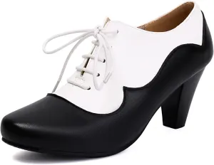 Elerhythm Women's Mary Jane 1920s Pump Heels Oxford Classic and Retro Lace Up Two Tones 1950s Vintage Round Closed Toe 1940s Shoes