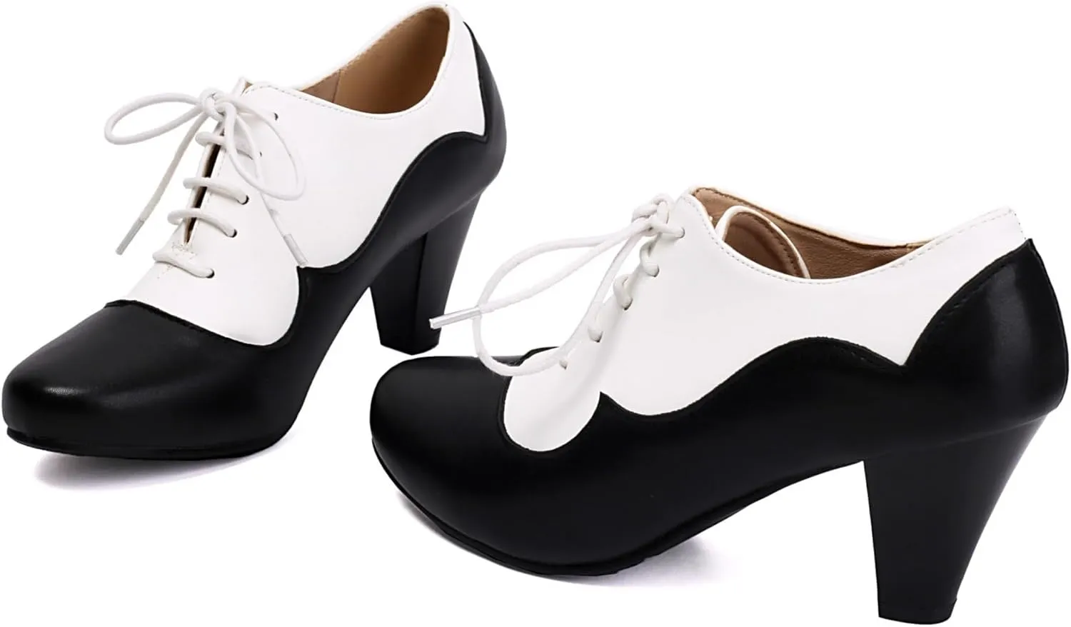Elerhythm Women's Mary Jane 1920s Pump Heels Oxford Classic and Retro Lace Up Two Tones 1950s Vintage Round Closed Toe 1940s Shoes