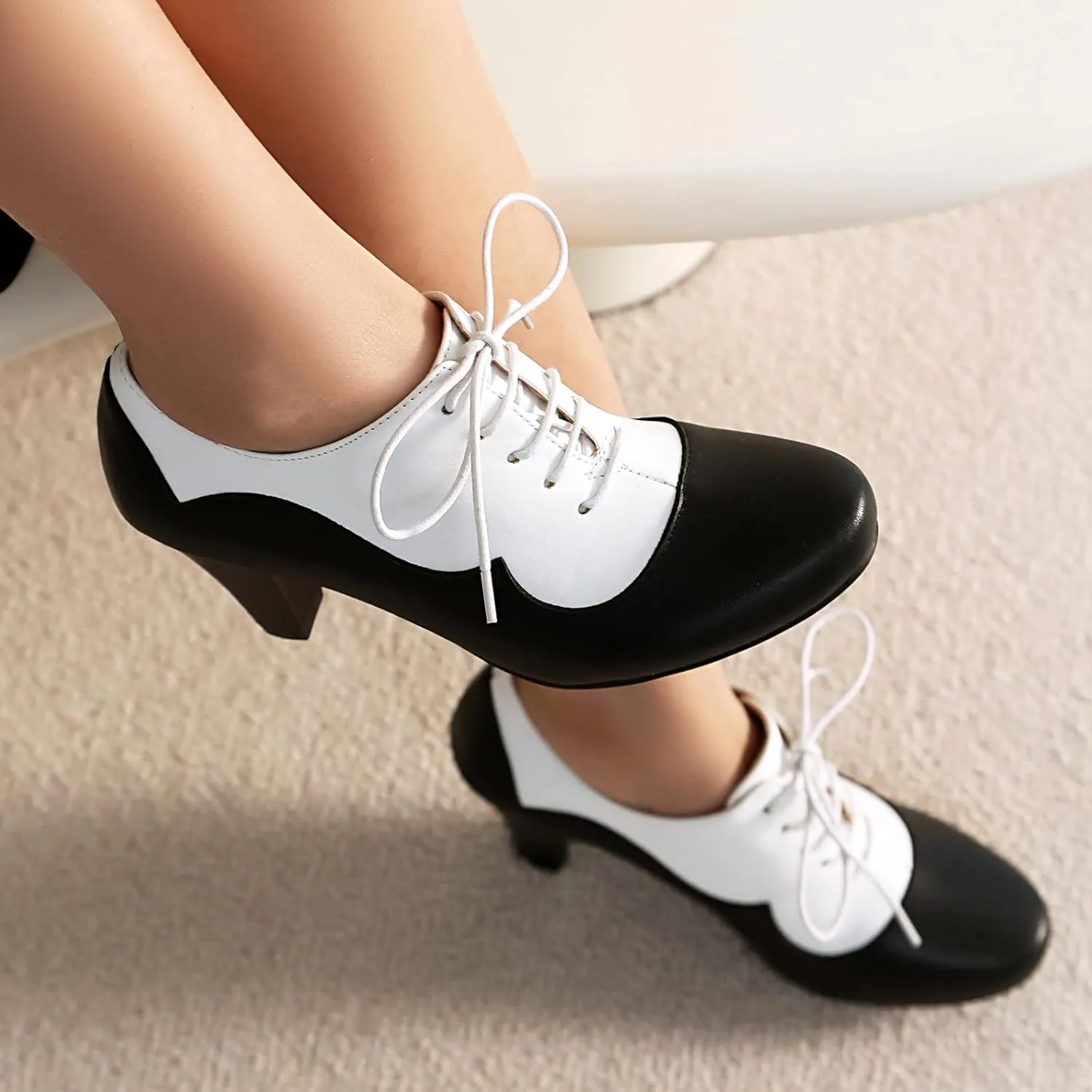 Elerhythm Women's Mary Jane 1920s Pump Heels Oxford Classic and Retro Lace Up Two Tones 1950s Vintage Round Closed Toe 1940s Shoes