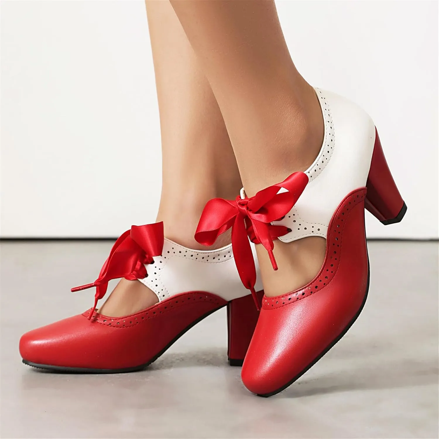 Elerhythm Women's Mary Jane 1920s Pump Heels Two Tone Classic and Retro Oxford Wingtip 1950s Vintage Round Closed Toe 1940s Lace Up Dress Shoes