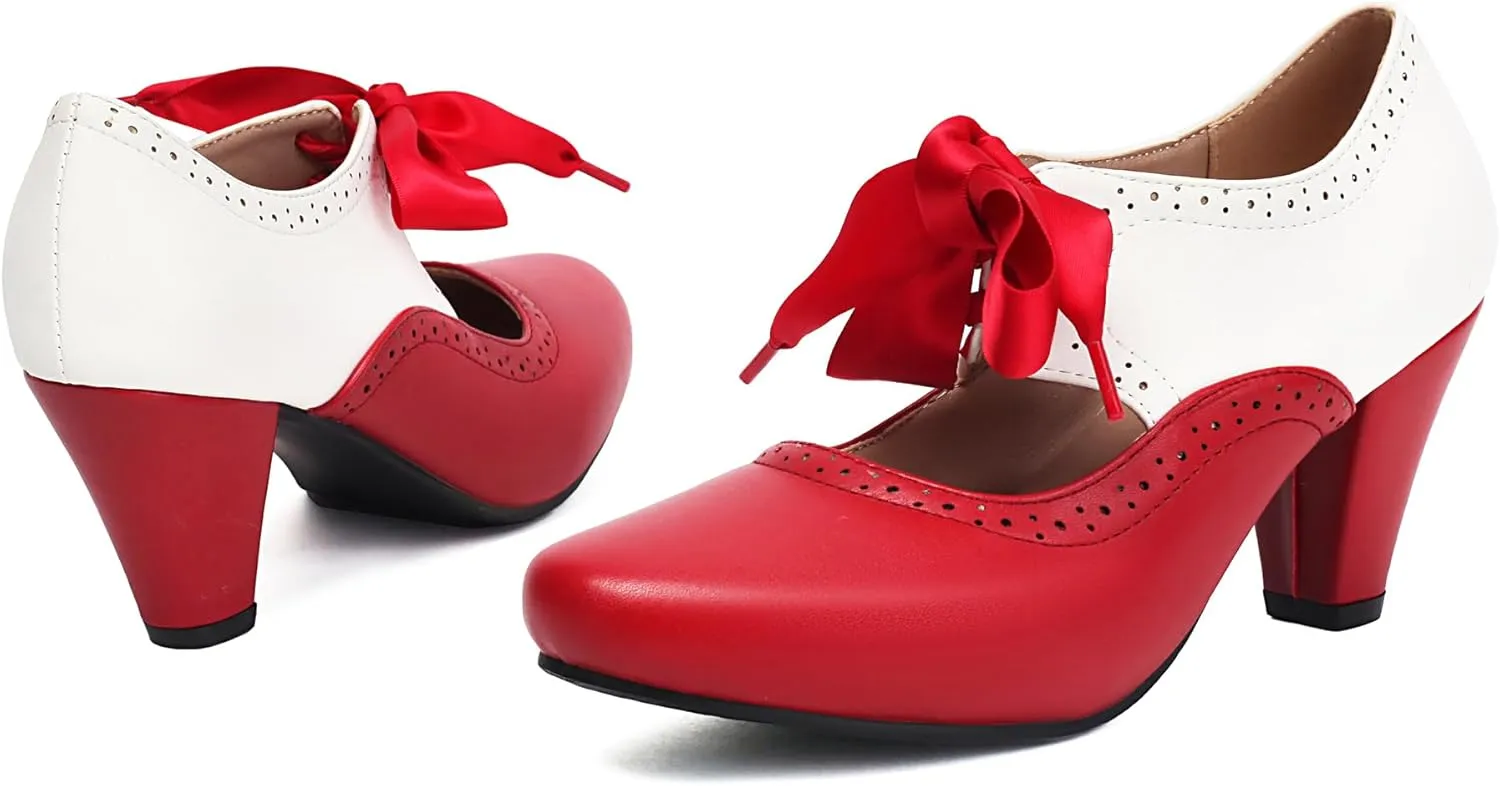 Elerhythm Women's Mary Jane 1920s Pump Heels Two Tone Classic and Retro Oxford Wingtip 1950s Vintage Round Closed Toe 1940s Lace Up Dress Shoes