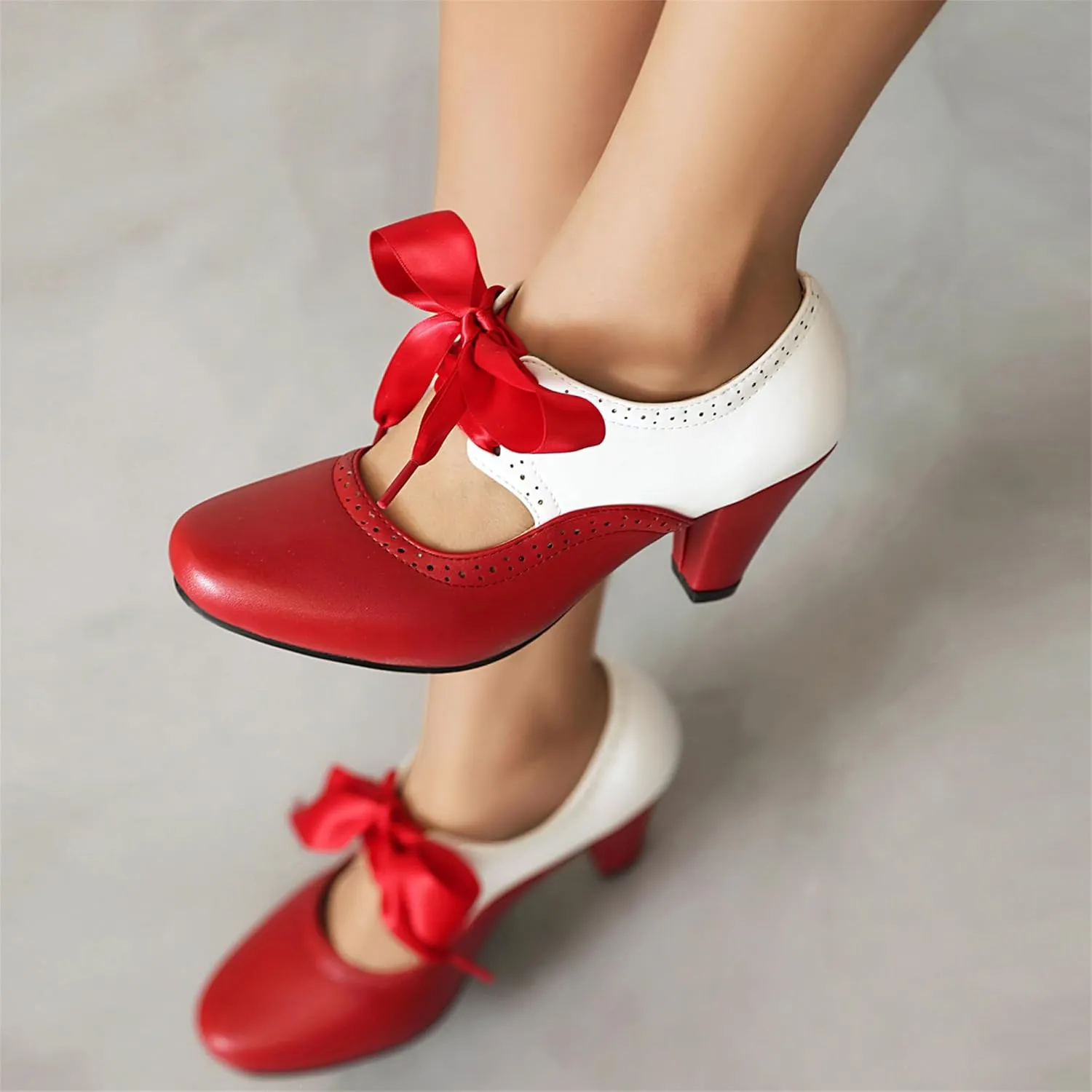 Elerhythm Women's Mary Jane 1920s Pump Heels Two Tone Classic and Retro Oxford Wingtip 1950s Vintage Round Closed Toe 1940s Lace Up Dress Shoes