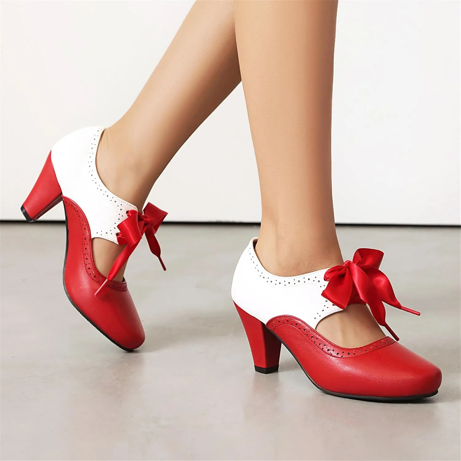 Elerhythm Women's Mary Jane 1920s Pump Heels Two Tone Classic and Retro Oxford Wingtip 1950s Vintage Round Closed Toe 1940s Lace Up Dress Shoes