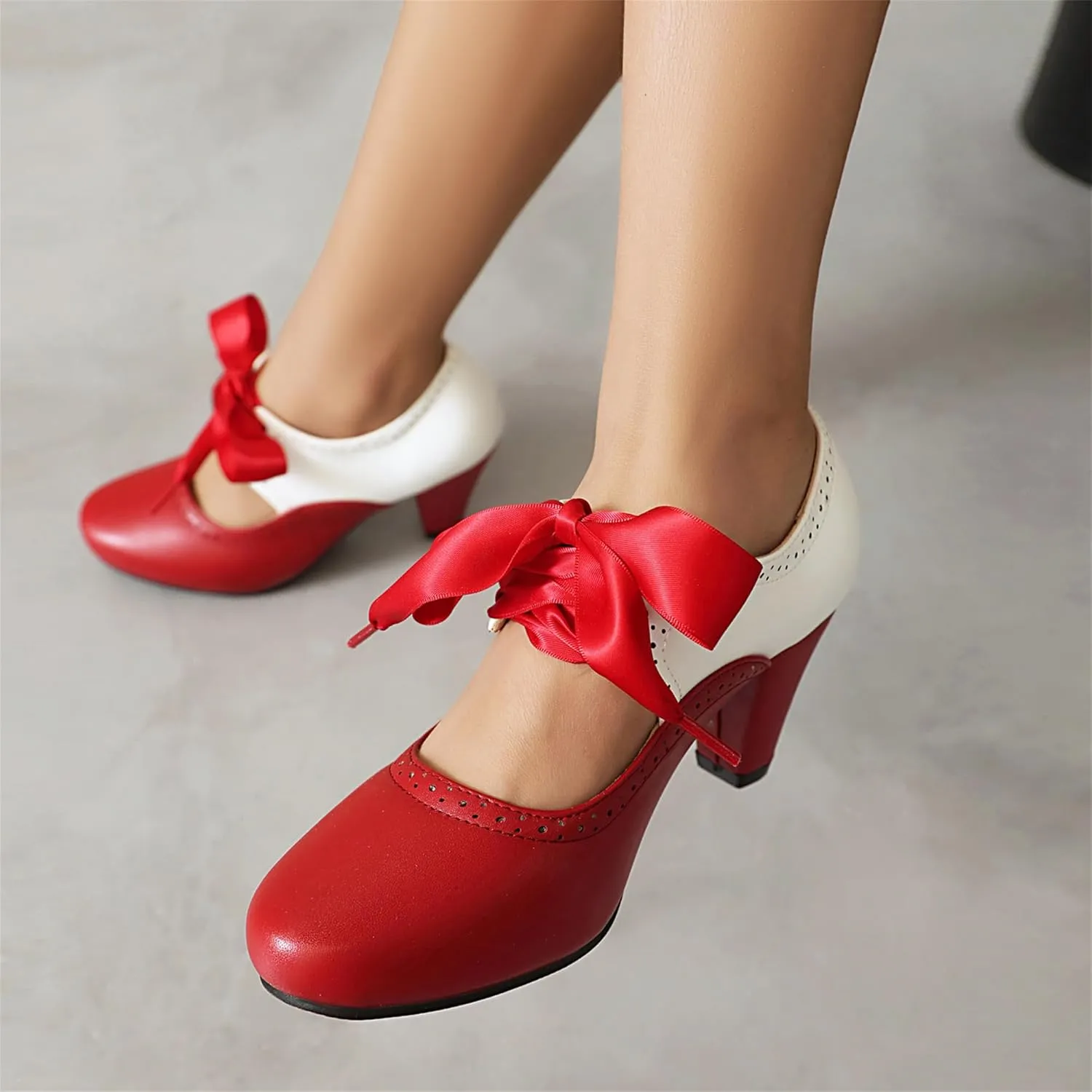 Elerhythm Women's Mary Jane 1920s Pump Heels Two Tone Classic and Retro Oxford Wingtip 1950s Vintage Round Closed Toe 1940s Lace Up Dress Shoes