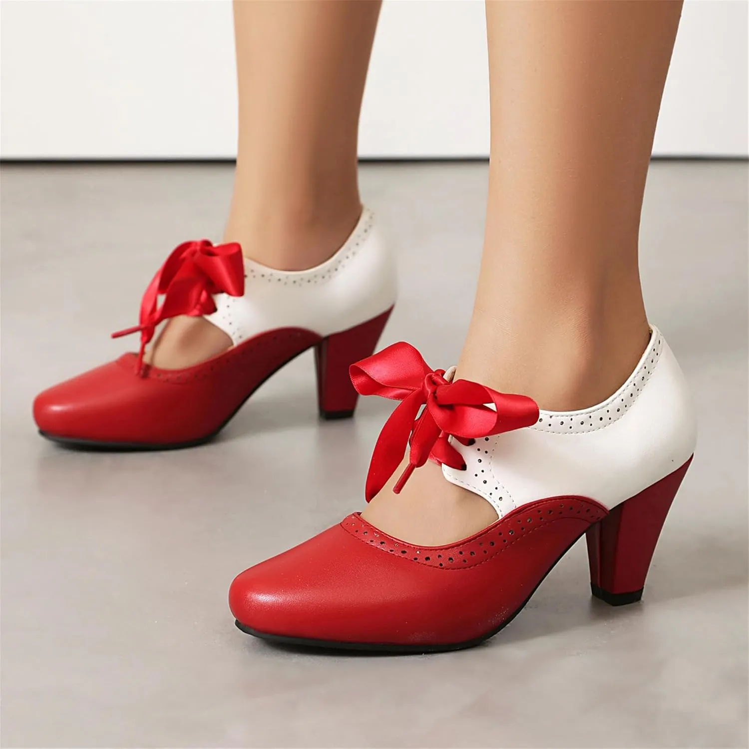 Elerhythm Women's Mary Jane 1920s Pump Heels Two Tone Classic and Retro Oxford Wingtip 1950s Vintage Round Closed Toe 1940s Lace Up Dress Shoes