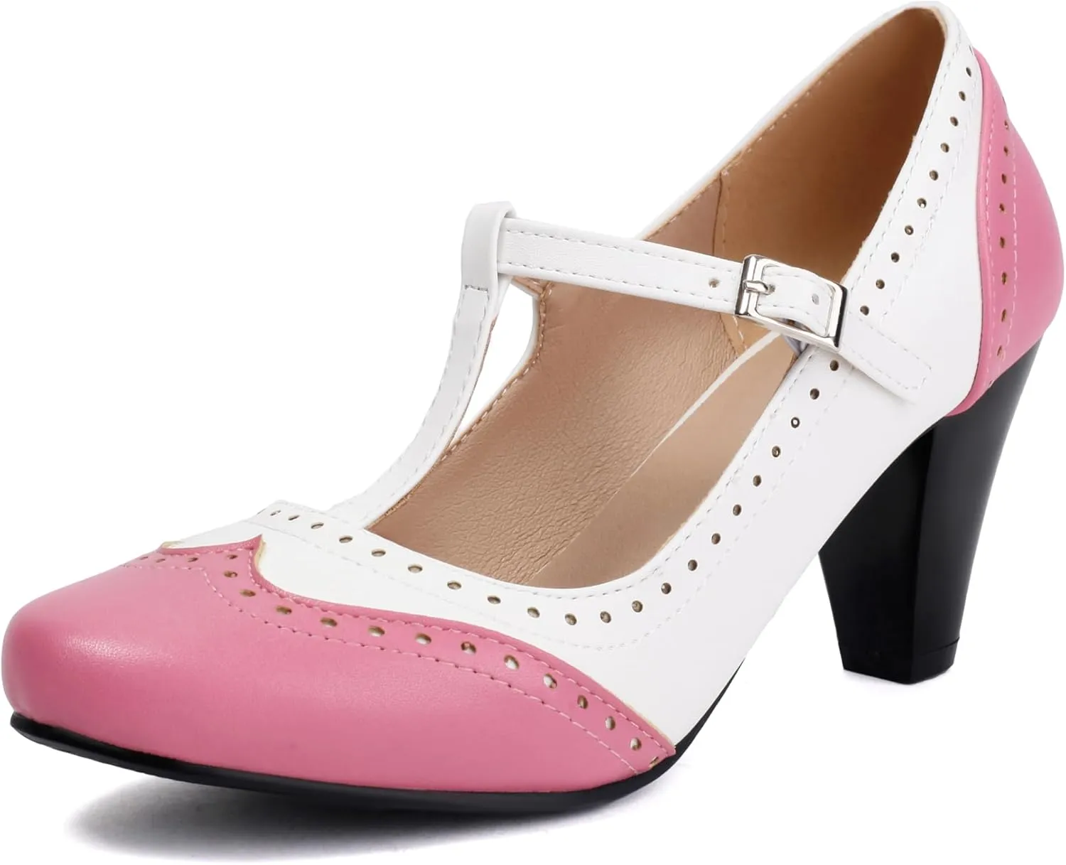 Elerhythm Women's Mary Jane Two Tone Classic and Retro Oxford Wingtip 1920s Pump Heels 1950s Vintage Round Closed Toe 1940s Ankle Strap Dress Shoes