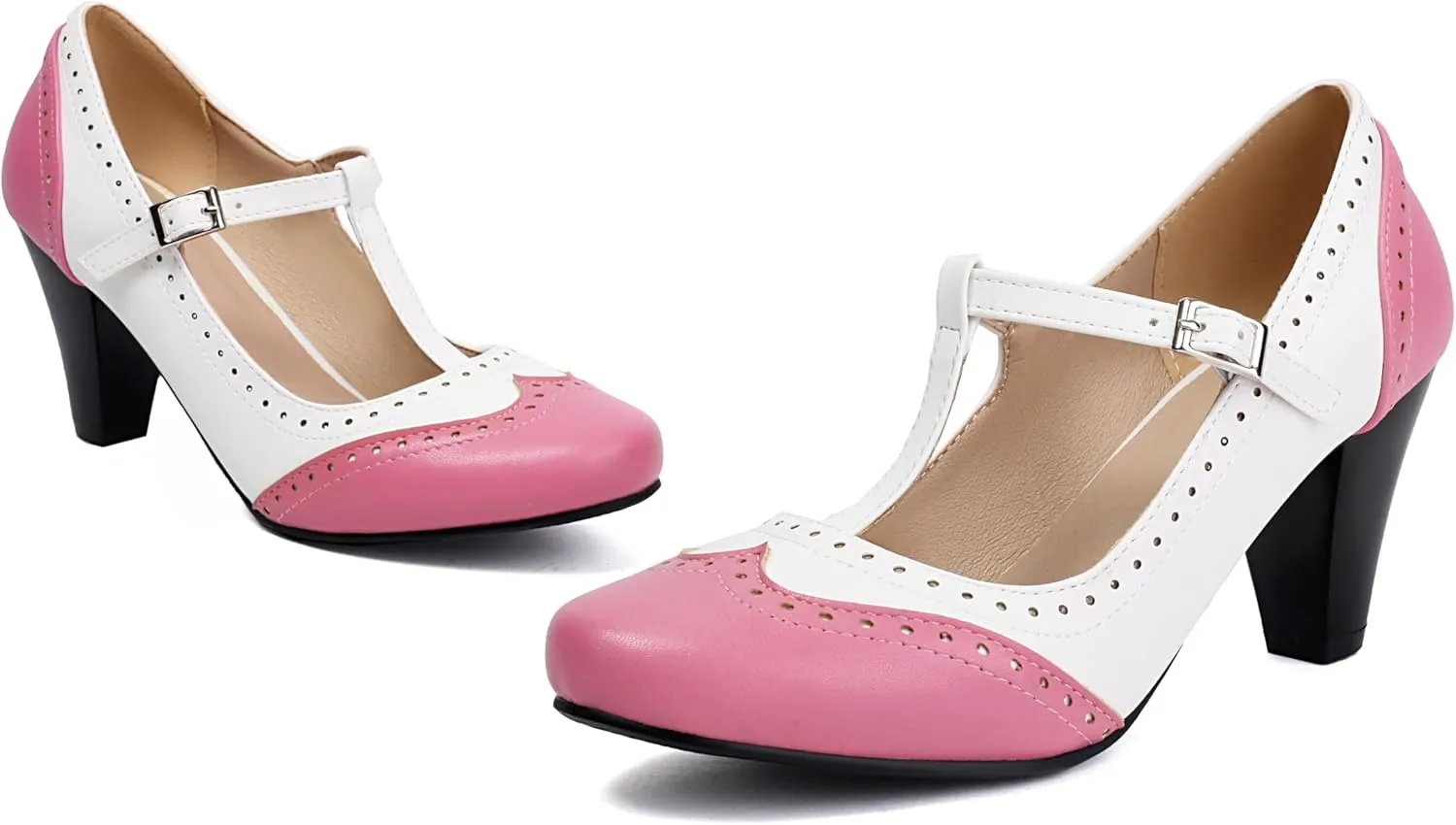 Elerhythm Women's Mary Jane Two Tone Classic and Retro Oxford Wingtip 1920s Pump Heels 1950s Vintage Round Closed Toe 1940s Ankle Strap Dress Shoes