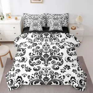 Erosebridal Black Damask Floral Bed in A Bag with Sheets Bohemian Black White Gothic Queen Comforter Set 7 Piece Goth Exotic Boho Bedding Set for Kids Adults Vintage Victorian Baroque Flower Bed Set
