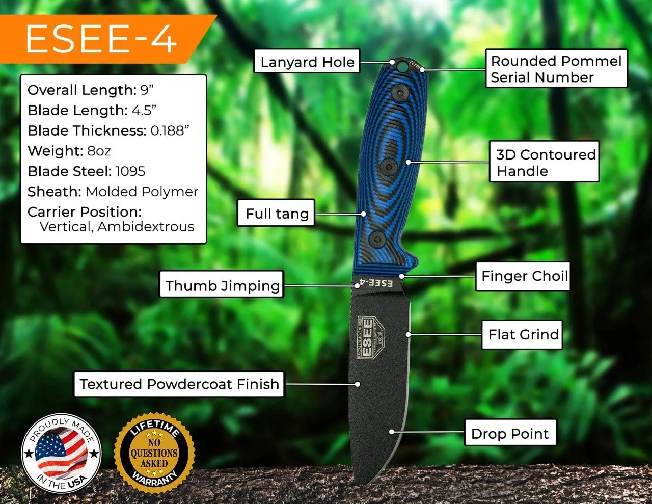 ESEE-4 Fixed Blade Knife, 3D Contoured Handle, 1095 Carbon Steel, Black Ambidextrous Sheath, Made in USA