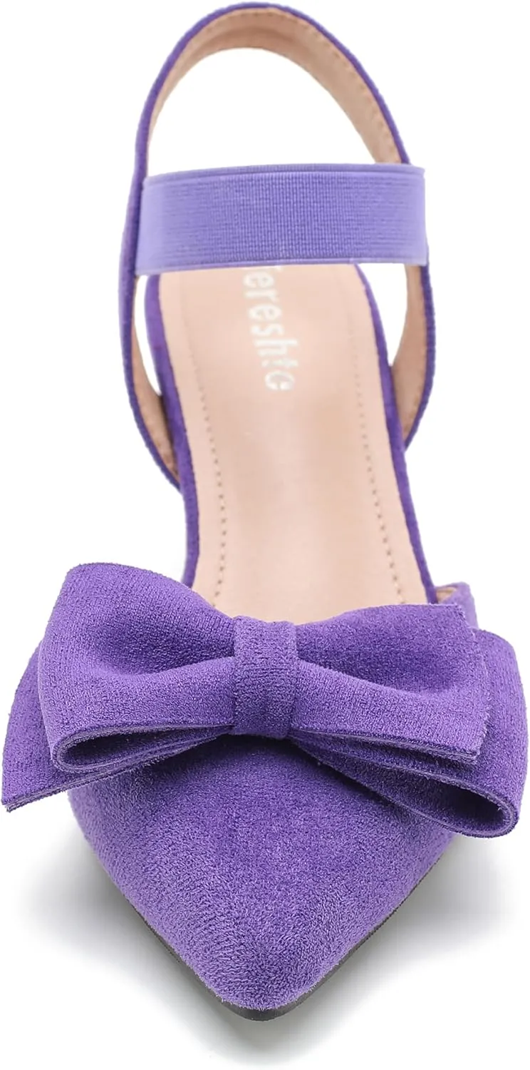 fereshte Women's Bow Low Kitten Heels Pumps Elastic Ankle Strap Slip On Slingback Dress Shoes