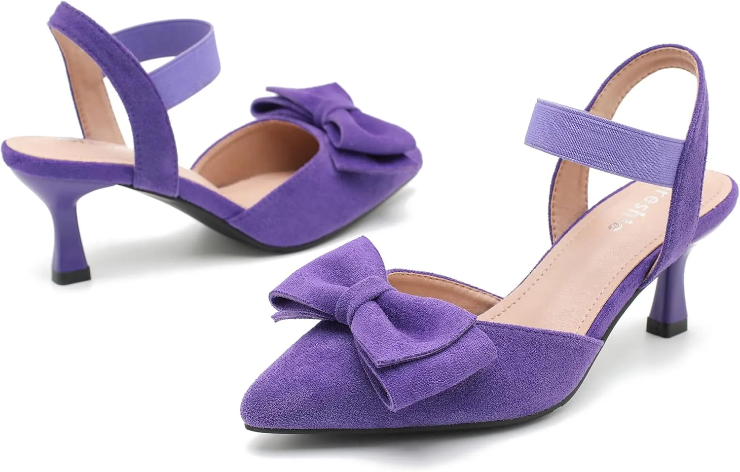 fereshte Women's Bow Low Kitten Heels Pumps Elastic Ankle Strap Slip On Slingback Dress Shoes
