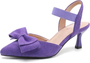 fereshte Women's Bow Low Kitten Heels Pumps Elastic Ankle Strap Slip On Slingback Dress Shoes