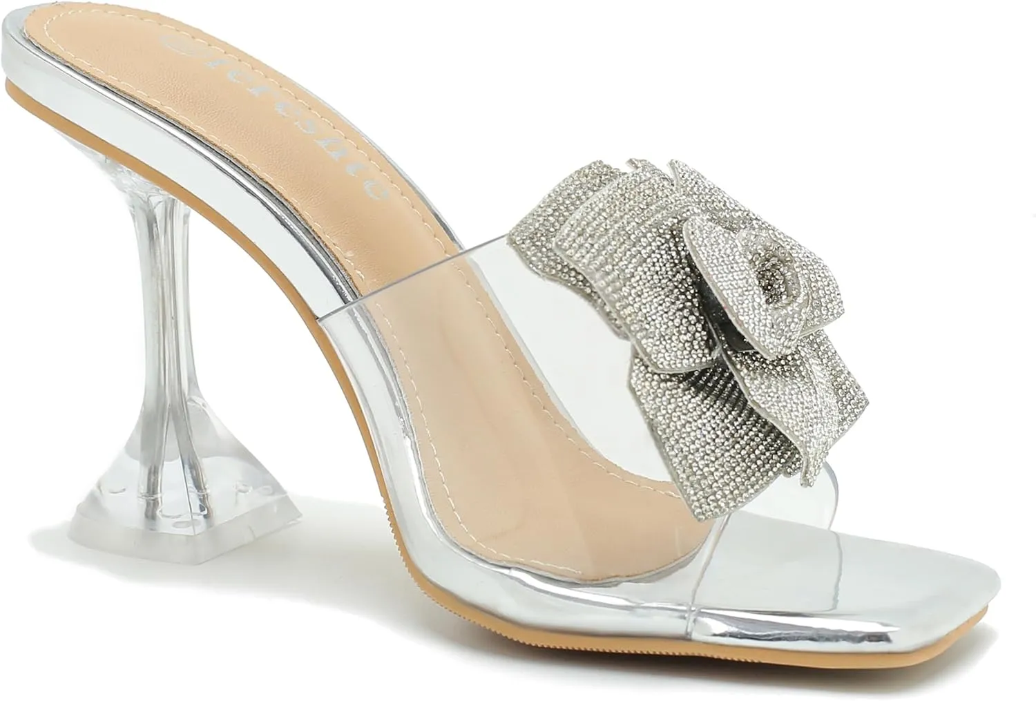 fereshte Women's Crystal Flower Heels Square Toe Heeled Mule Stiletto Dress Party Wedding Sandals
