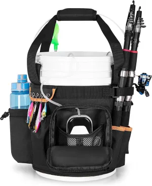 Fishing Bucket Organizer for 5 Gallon Bucket with Adjustable Buckle, Rod and Plier Holder and Multi-Pockets for Fishing Gear (Bucket not Included)