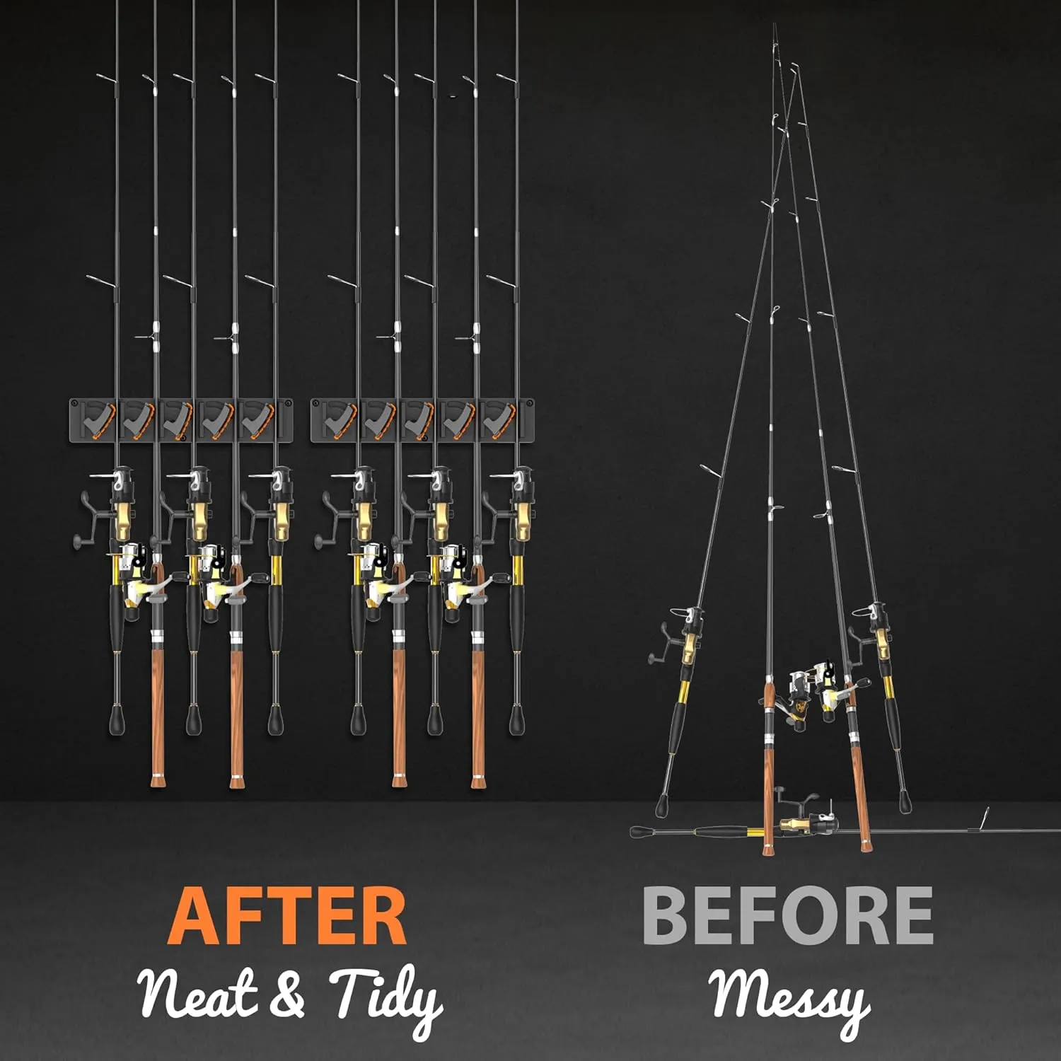 Fishing Rod Holder for Garage Wall, Vertical Fishing Pole Rack with TPE Soft Pads Each Holds Up to 5 Rods 0.1"-0.75" – Wall Mounted Fishing Rod Storage Organizer,Gifts for Men – 4 PACK (Holds 20 Rods)
