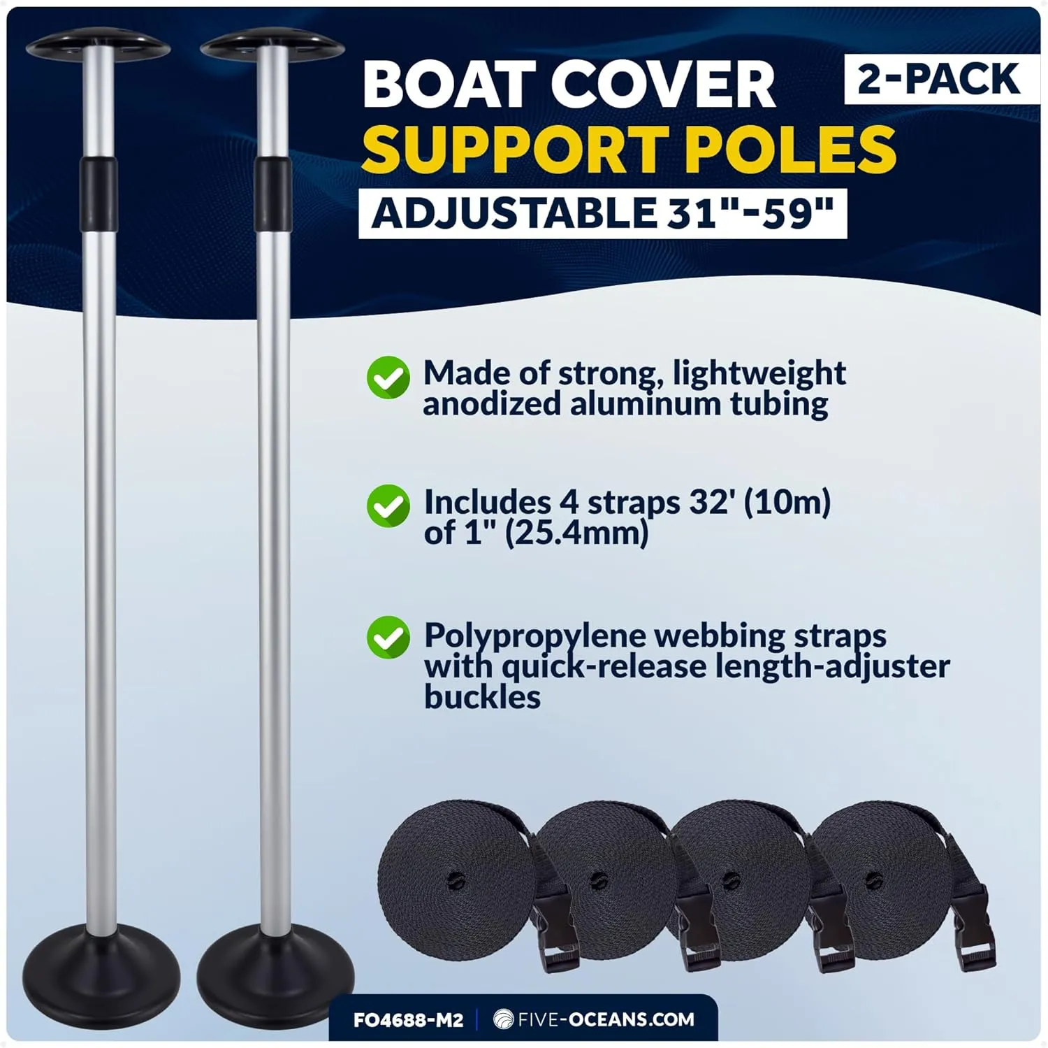 Five Oceans 2-Pack Boat Cover Support Poles, Adjustable 31"-59", Fits Pontoon, Fishing Boats, Canoes, Kayaks, Jon Boats - FO4688-M2