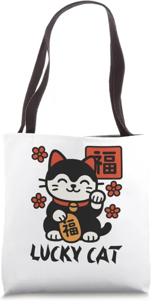Flat Kawaii Japanese Good Luck Maneki Neko Lucky Cat Tote Bag