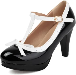 ForeMode Bow Mary Jane Shoes High Heels Closed Round Toe Pumps Leather Summer Sweet Shoe