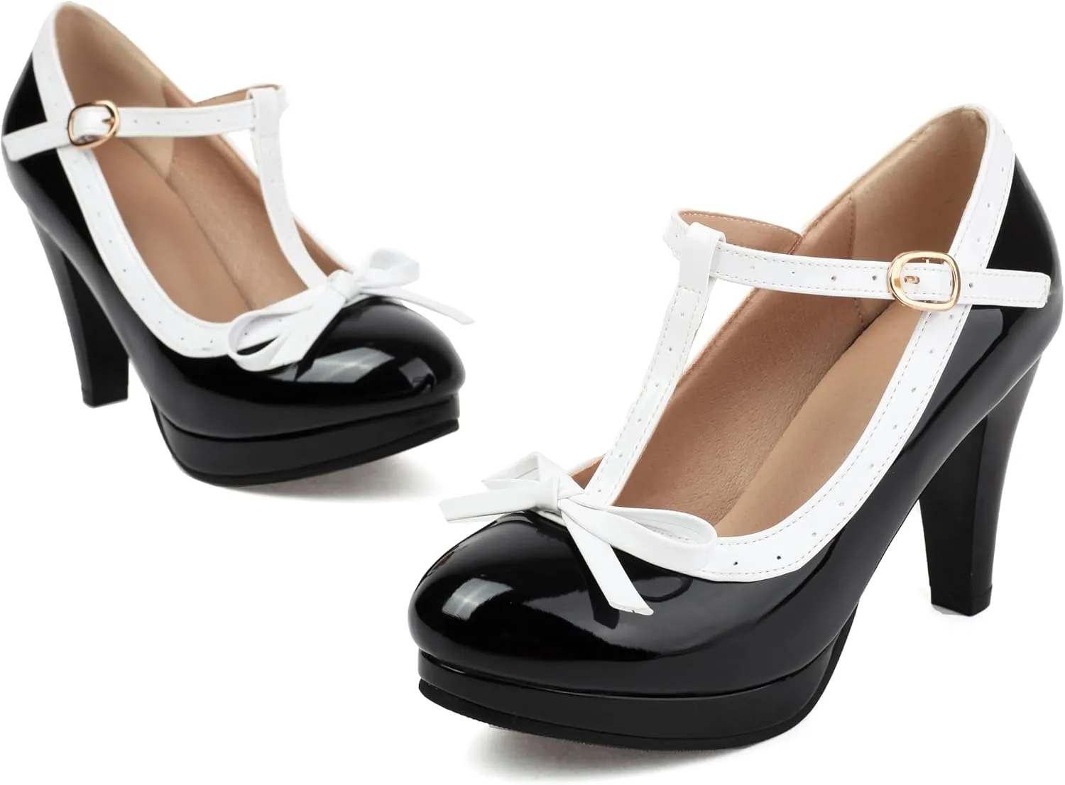 ForeMode Bow Mary Jane Shoes High Heels Closed Round Toe Pumps Leather Summer Sweet Shoe