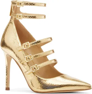 FOWT Chic Snakeskin Double Ankle Strap Gold Pumps for Woman Fashion Shallow Pointed Toe Stiletto Heels Retro Mary Janes Dance Party Evening Shoes, US Size 4-16 M
