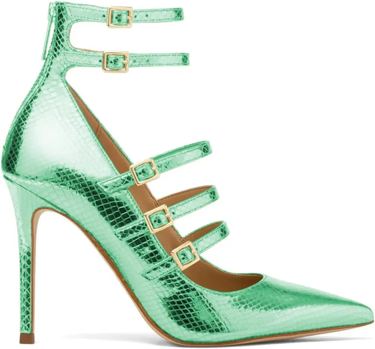 FOWT Chic Snakeskin Double Ankle Strap Gold Pumps for Woman Fashion Shallow Pointed Toe Stiletto Heels Retro Mary Janes Dance Party Evening Shoes, US Size 4-16 M