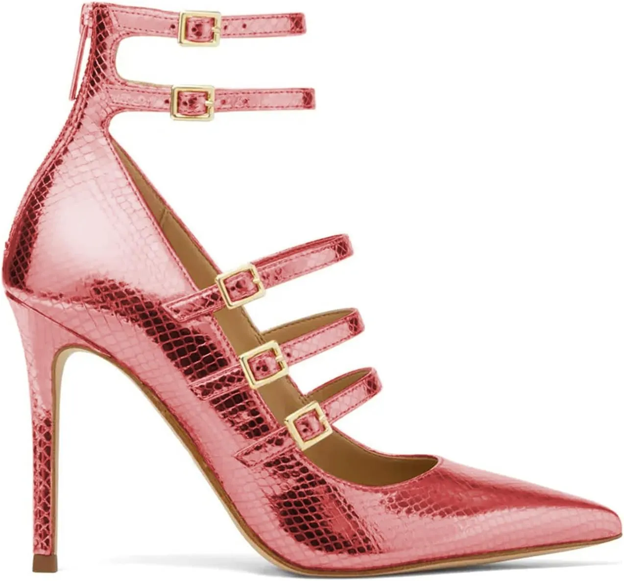 FOWT Chic Snakeskin Double Ankle Strap Gold Pumps for Woman Fashion Shallow Pointed Toe Stiletto Heels Retro Mary Janes Dance Party Evening Shoes, US Size 4-16 M