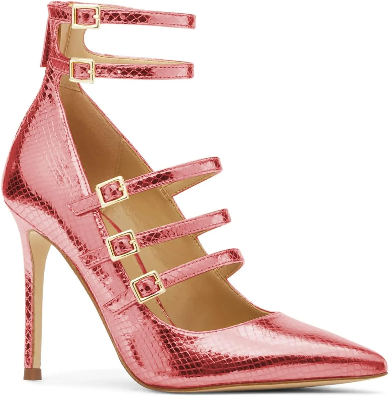 FOWT Chic Snakeskin Double Ankle Strap Gold Pumps for Woman Fashion Shallow Pointed Toe Stiletto Heels Retro Mary Janes Dance Party Evening Shoes, US Size 4-16 M