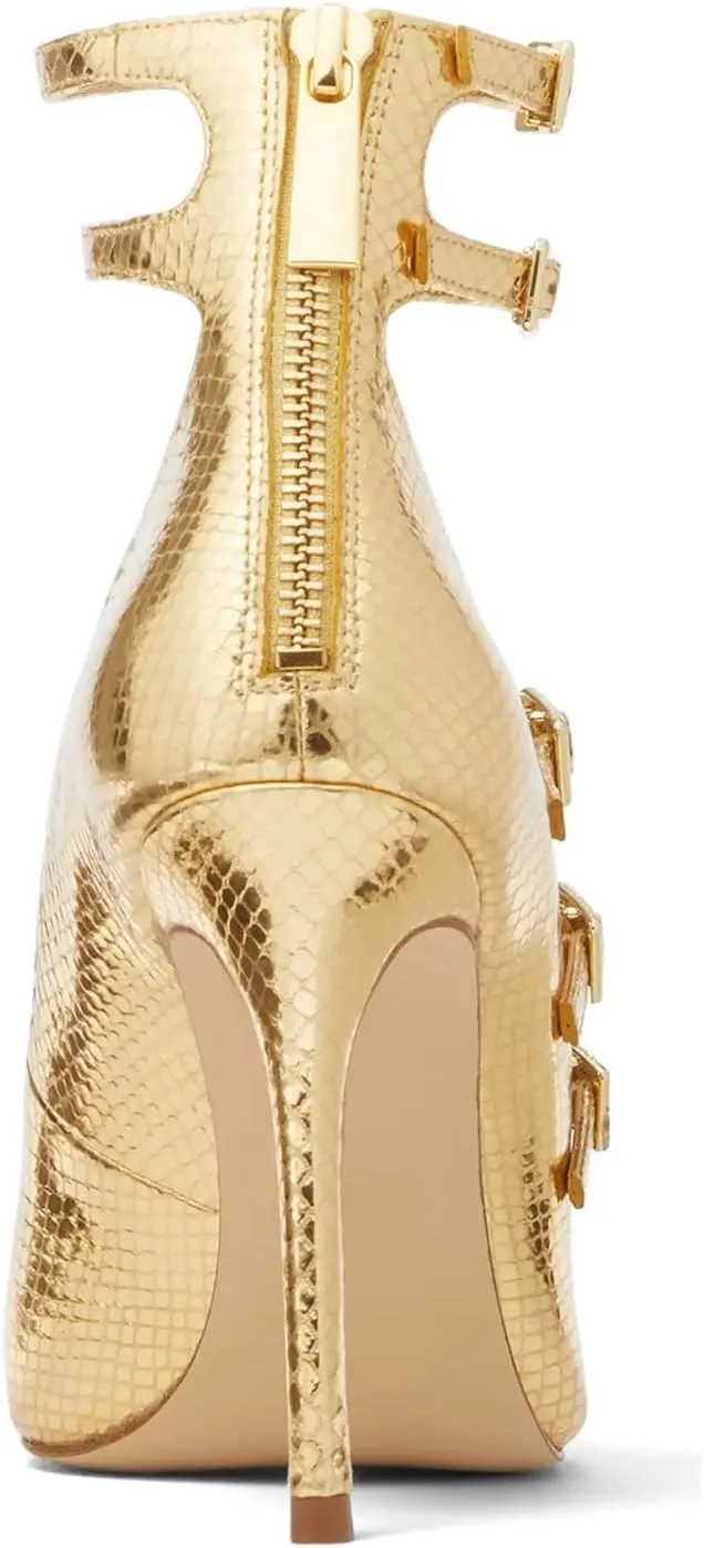 FOWT Chic Snakeskin Double Ankle Strap Gold Pumps for Woman Fashion Shallow Pointed Toe Stiletto Heels Retro Mary Janes Dance Party Evening Shoes, US Size 4-16 M