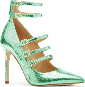 FOWT Chic Snakeskin Double Ankle Strap Gold Pumps for Woman Fashion Shallow Pointed Toe Stiletto Heels Retro Mary Janes Dance Party Evening Shoes, US Size 4-16 M