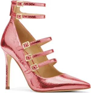 FOWT Chic Snakeskin Double Ankle Strap Gold Pumps for Woman Fashion Shallow Pointed Toe Stiletto Heels Retro Mary Janes Dance Party Evening Shoes, US Size 4-16 M