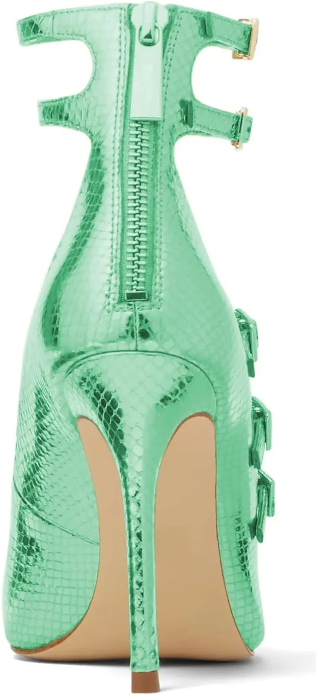 FOWT Chic Snakeskin Double Ankle Strap Gold Pumps for Woman Fashion Shallow Pointed Toe Stiletto Heels Retro Mary Janes Dance Party Evening Shoes, US Size 4-16 M