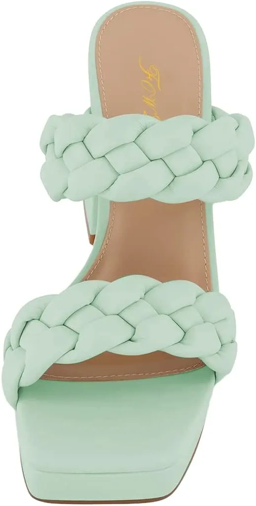 FOWT Women Platform Open Toe Mules Braided Straps Chunky High Heel Sandals Slip on Casual Slippers Outdoor Dressy Shoes Size 4-15 US