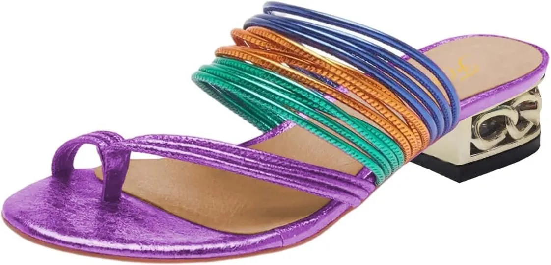 FOWT Women Split Toe Slip on Mules Gold Chunky Low Heel Flip Flops Casual Summer Outdoor Beach Slipper Shoes Size 4-15 US