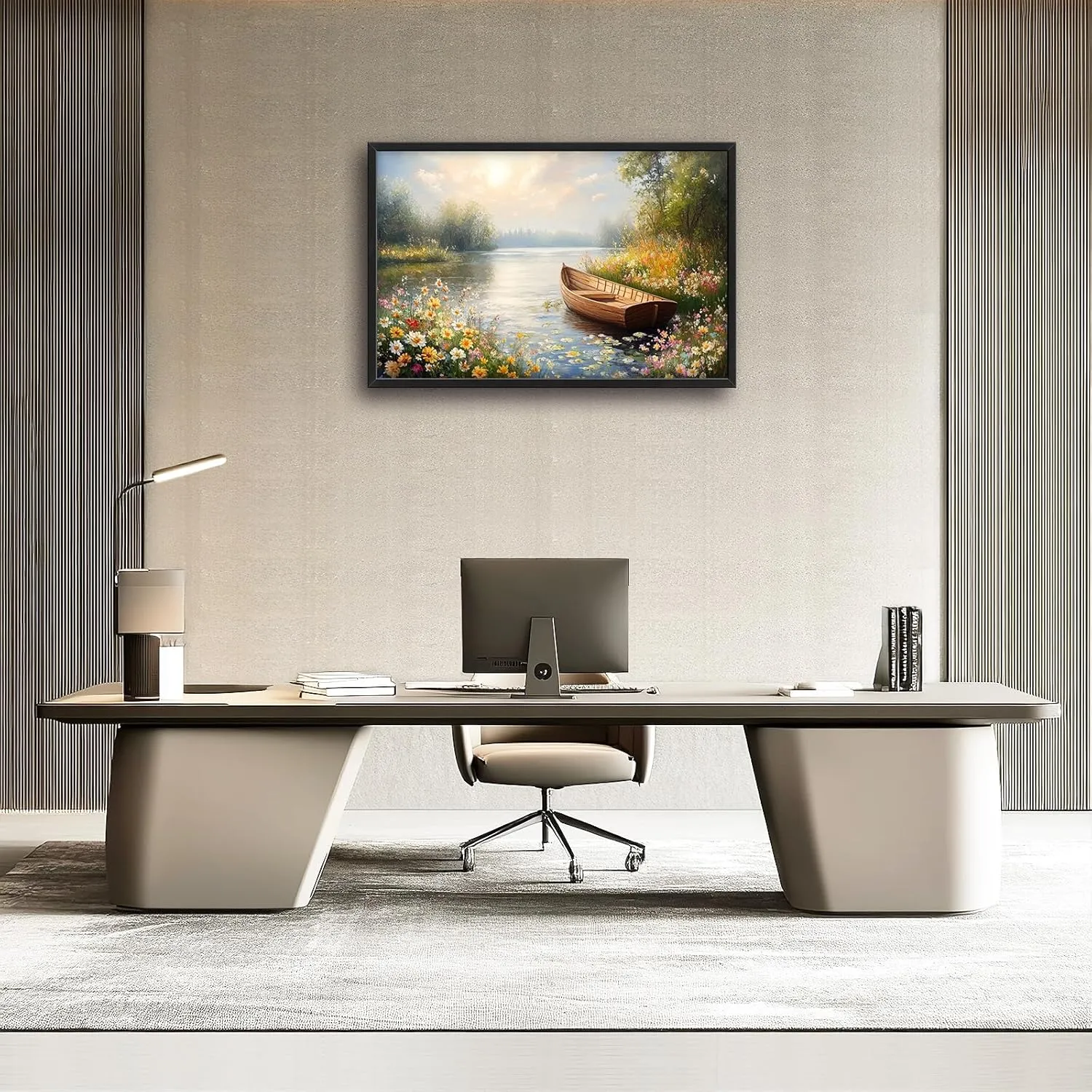 Framed Large Wall Art for Living Room, Lake Boat Canvas Wall Decor, Flower Pictures Painting, Natural Landscape Artwork for Living Room Bedroom Office 36L'' × 24W''