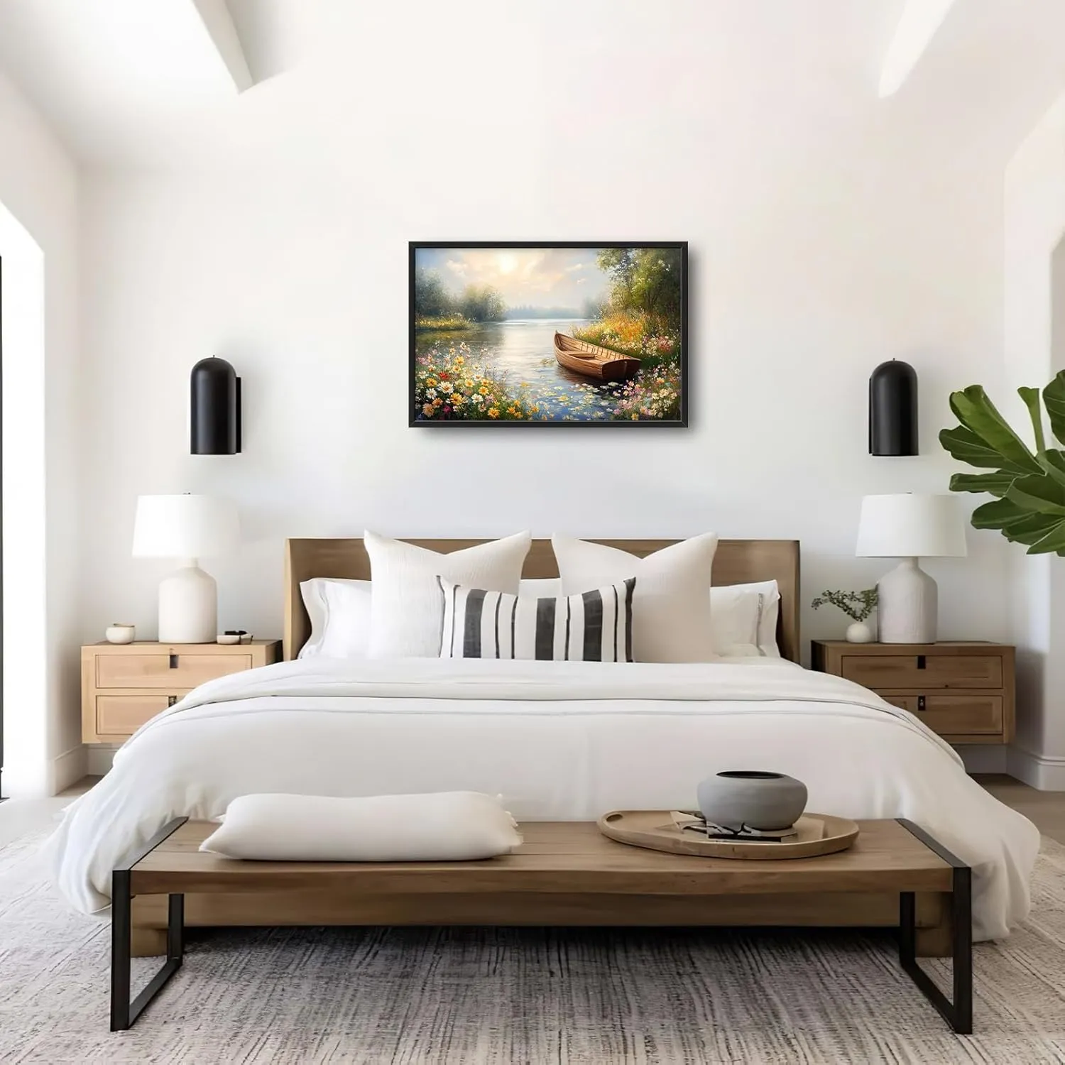 Framed Large Wall Art for Living Room, Lake Boat Canvas Wall Decor, Flower Pictures Painting, Natural Landscape Artwork for Living Room Bedroom Office 36L'' × 24W''