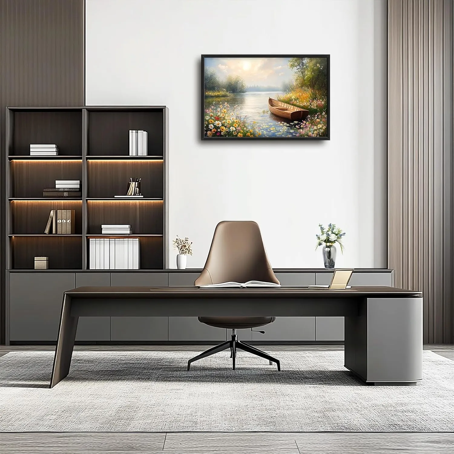 Framed Large Wall Art for Living Room, Lake Boat Canvas Wall Decor, Flower Pictures Painting, Natural Landscape Artwork for Living Room Bedroom Office 36L'' × 24W''