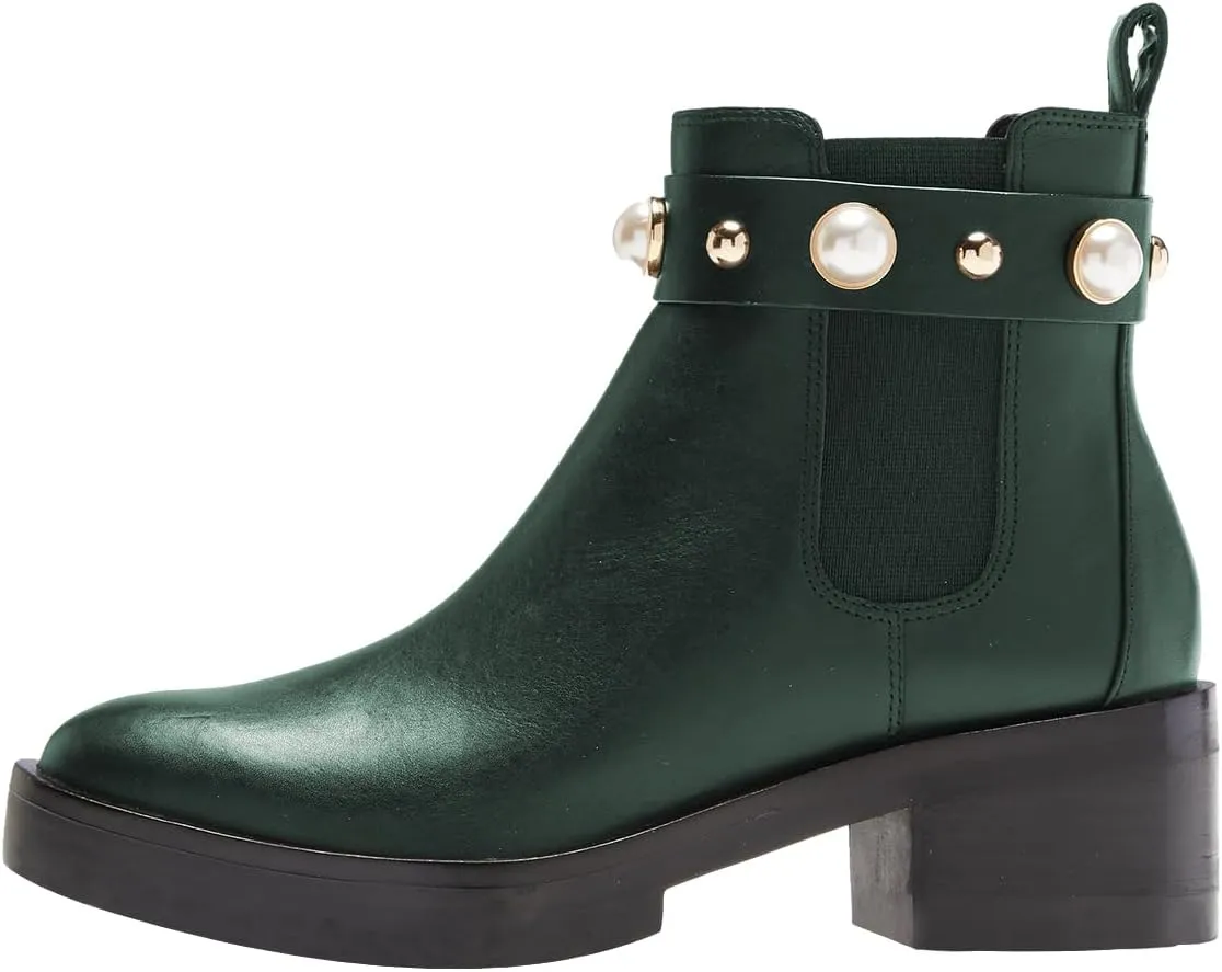 FSJ Women Round Toe Chelsea Boots with Pearls Strap Block Low Heel Slip On Vegan Leather Ankle Booties Size 4-16 US