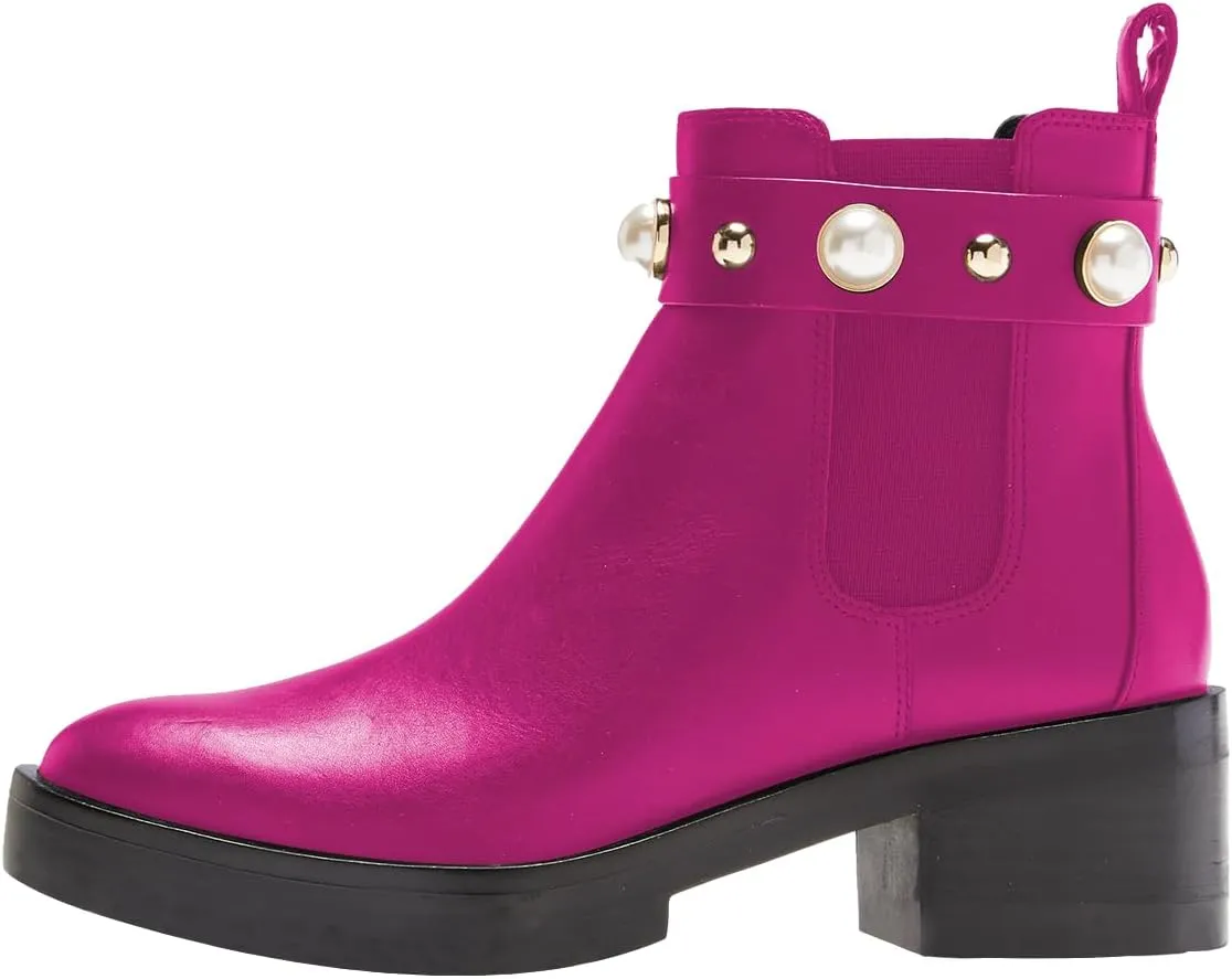 FSJ Women Round Toe Chelsea Boots with Pearls Strap Block Low Heel Slip On Vegan Leather Ankle Booties Size 4-16 US