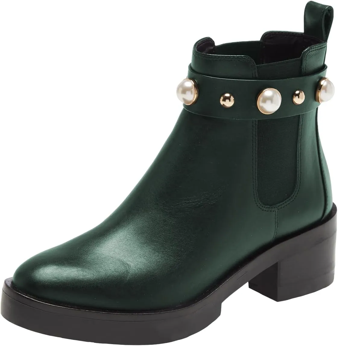 FSJ Women Round Toe Chelsea Boots with Pearls Strap Block Low Heel Slip On Vegan Leather Ankle Booties Size 4-16 US