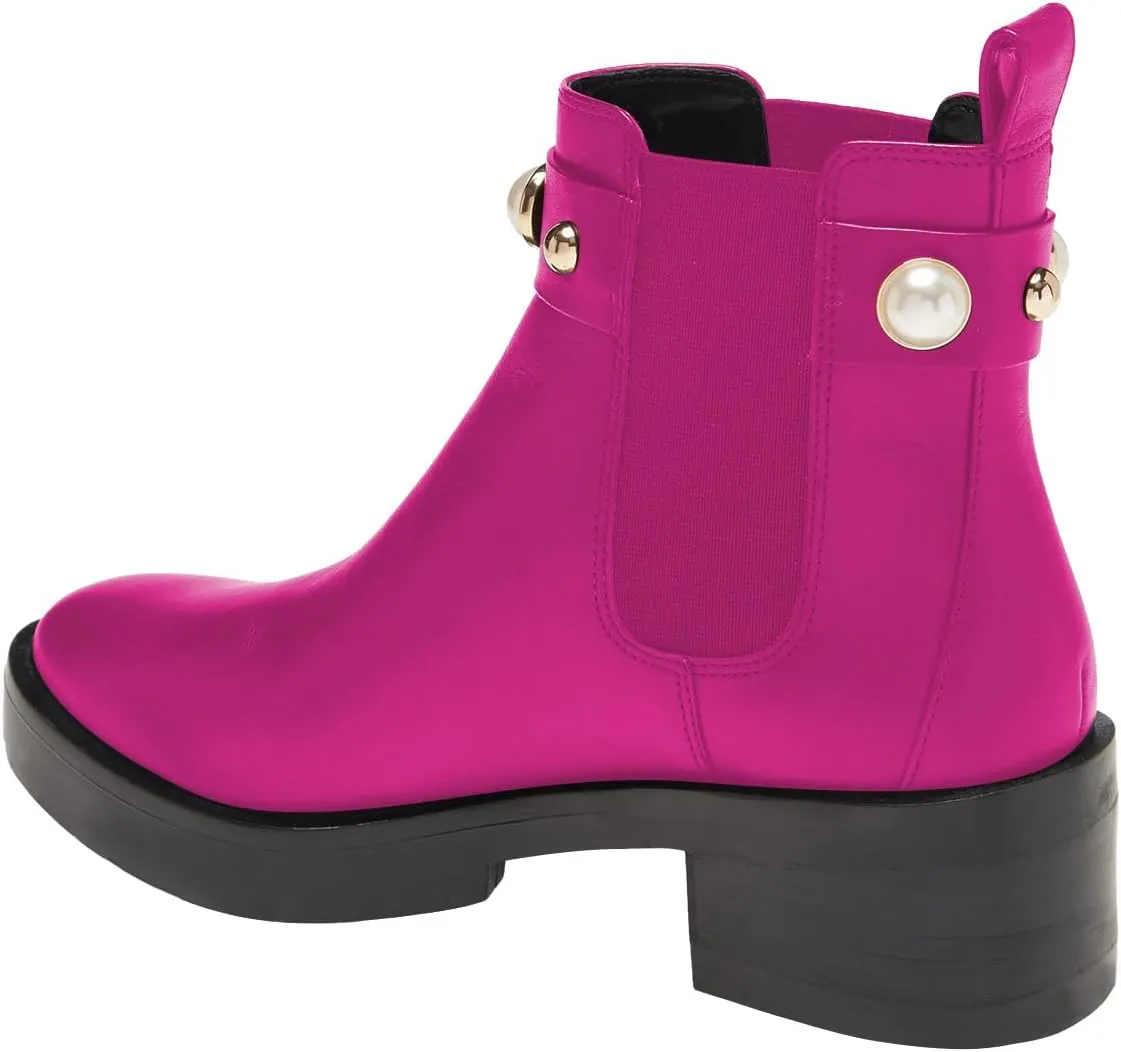 FSJ Women Round Toe Chelsea Boots with Pearls Strap Block Low Heel Slip On Vegan Leather Ankle Booties Size 4-16 US