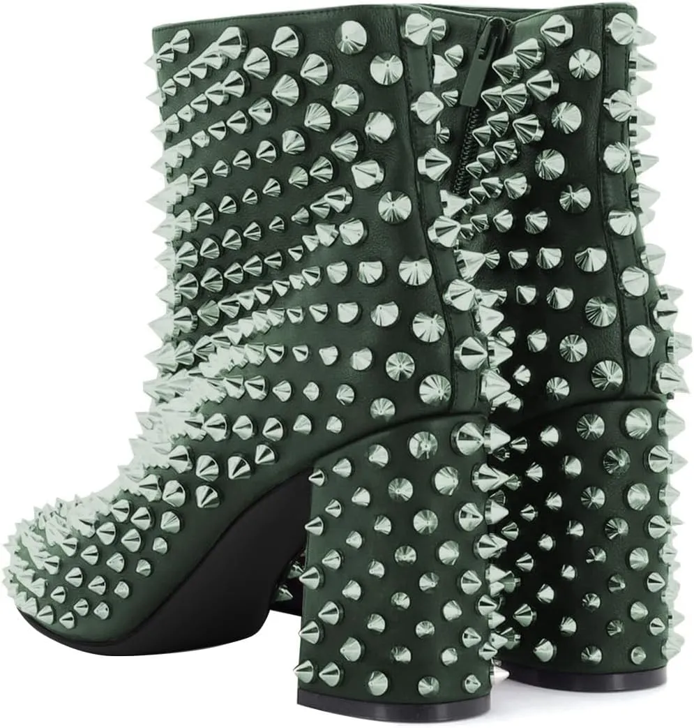 FSJ Women Round Toe Studded Chunky Heel Ankle Boots Side Zipper Sexy High Block Heel Rivets Bootie Fashion Party Dressy Shoes Size 4-16 US