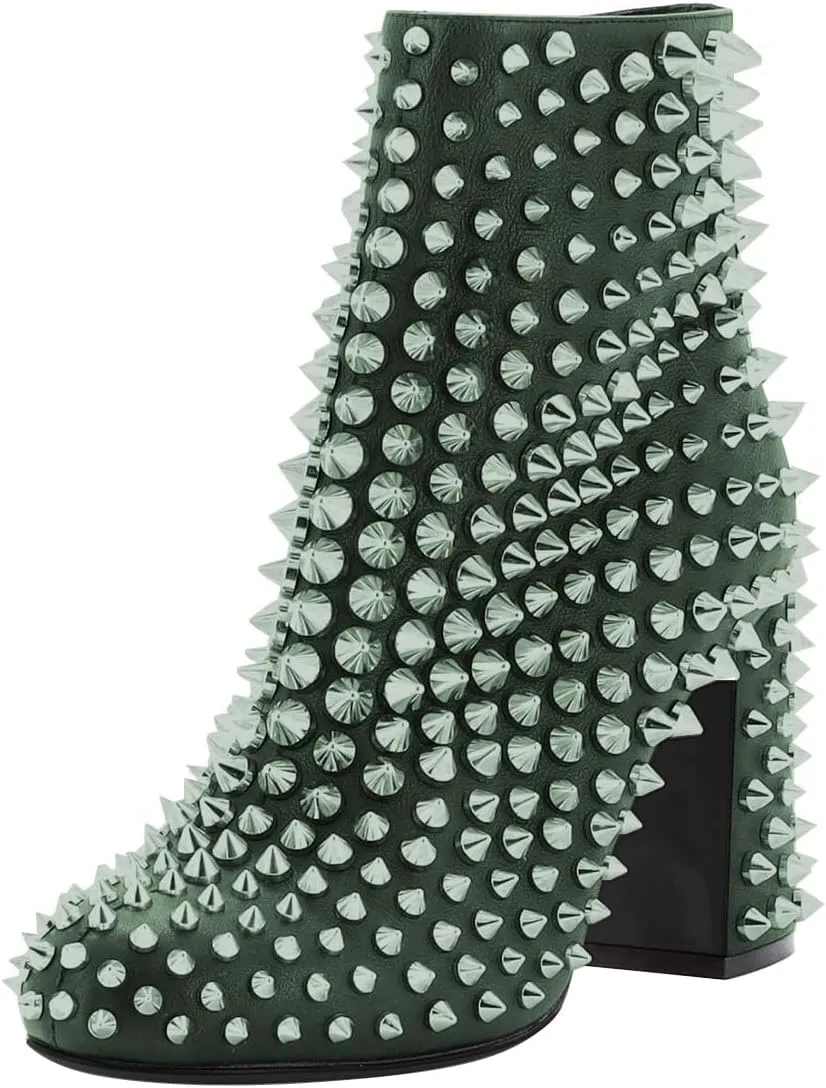 FSJ Women Round Toe Studded Chunky Heel Ankle Boots Side Zipper Sexy High Block Heel Rivets Bootie Fashion Party Dressy Shoes Size 4-16 US