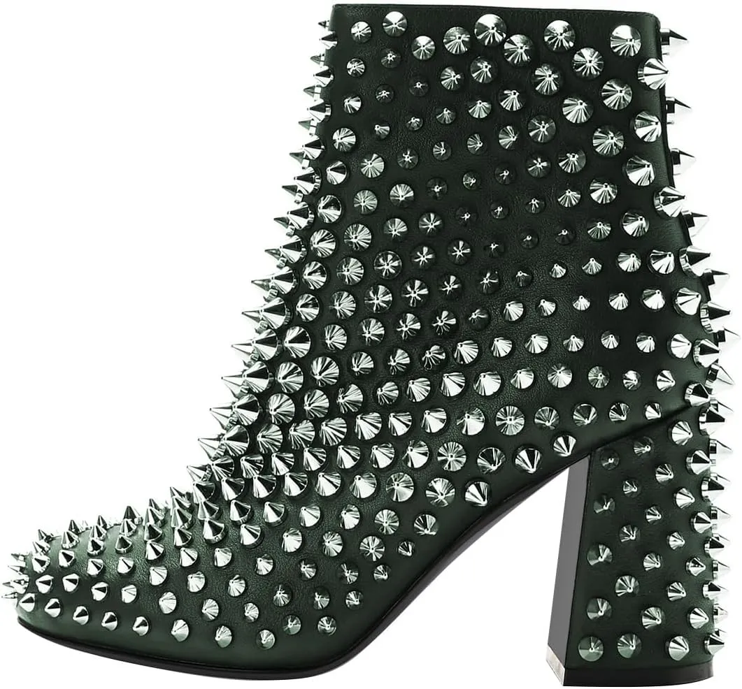 FSJ Women Round Toe Studded Chunky Heel Ankle Boots Side Zipper Sexy High Block Heel Rivets Bootie Fashion Party Dressy Shoes Size 4-16 US