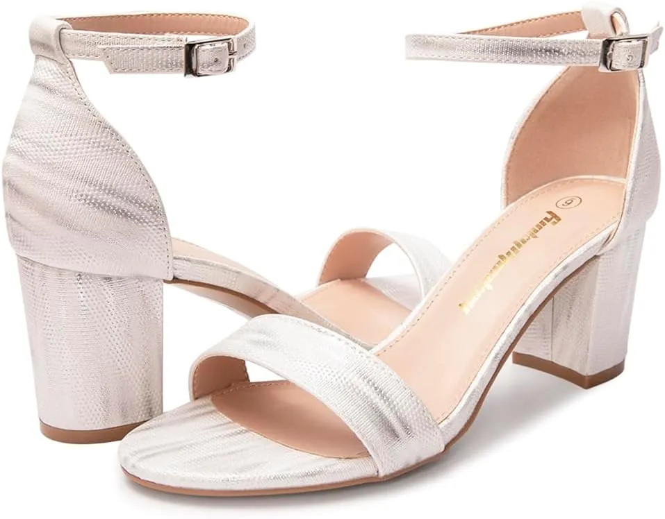 FUNKYMONKEY Women's Chunky High Heels Sandals,Two Strap Open Toe Ankle Strap Heeled Sandal,Party Wedding Strappy Buckle Sandals