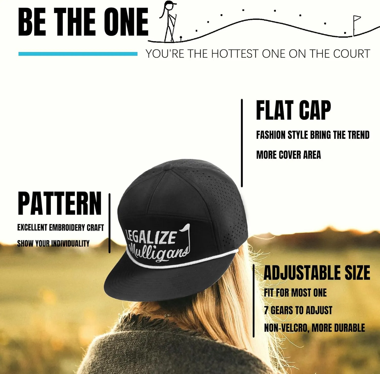 Funny Golf Hat for Men - Flat Bill Snapback Rope Hat, Black/White