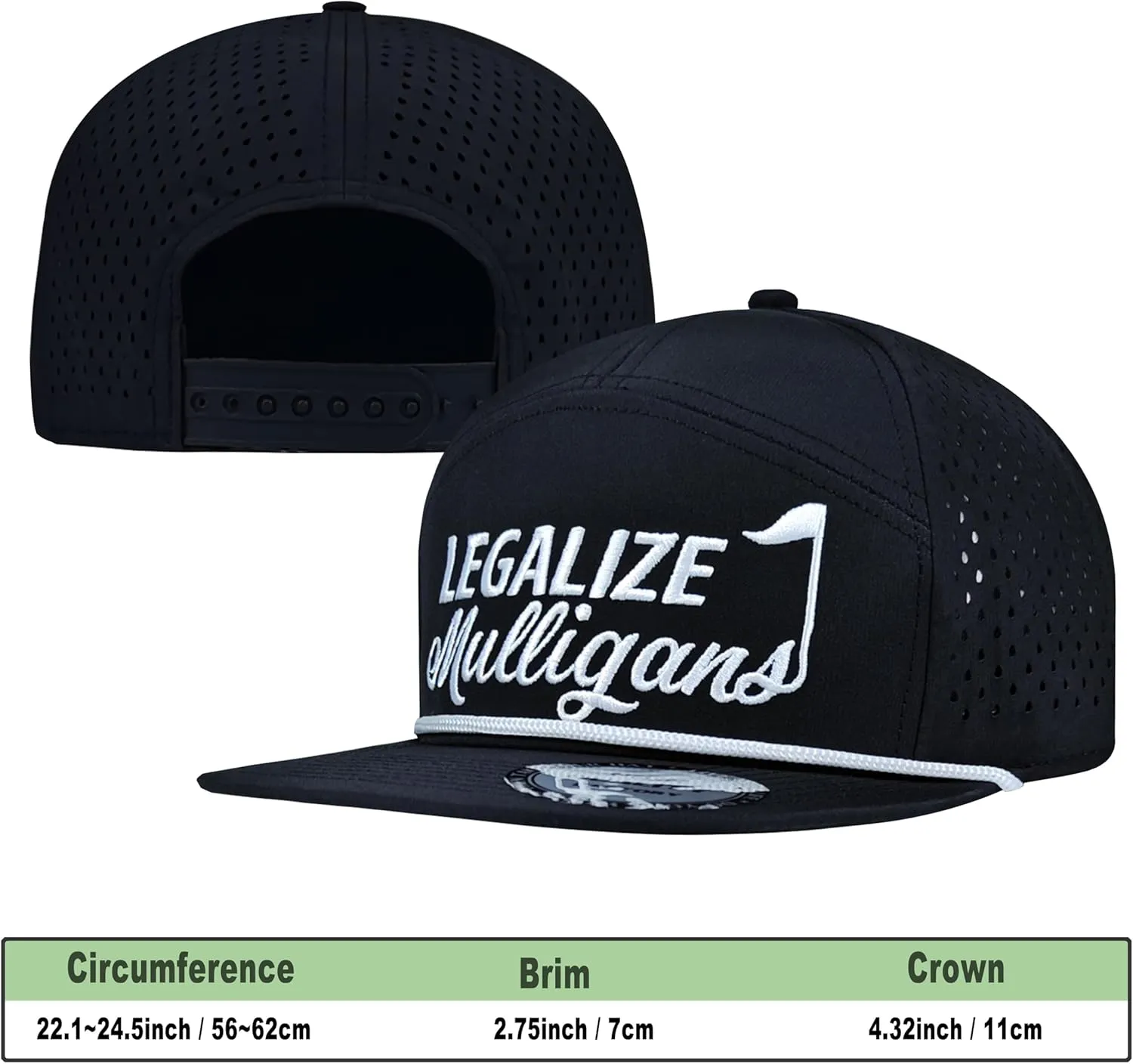 Funny Golf Hat for Men - Flat Bill Snapback Rope Hat, Black/White