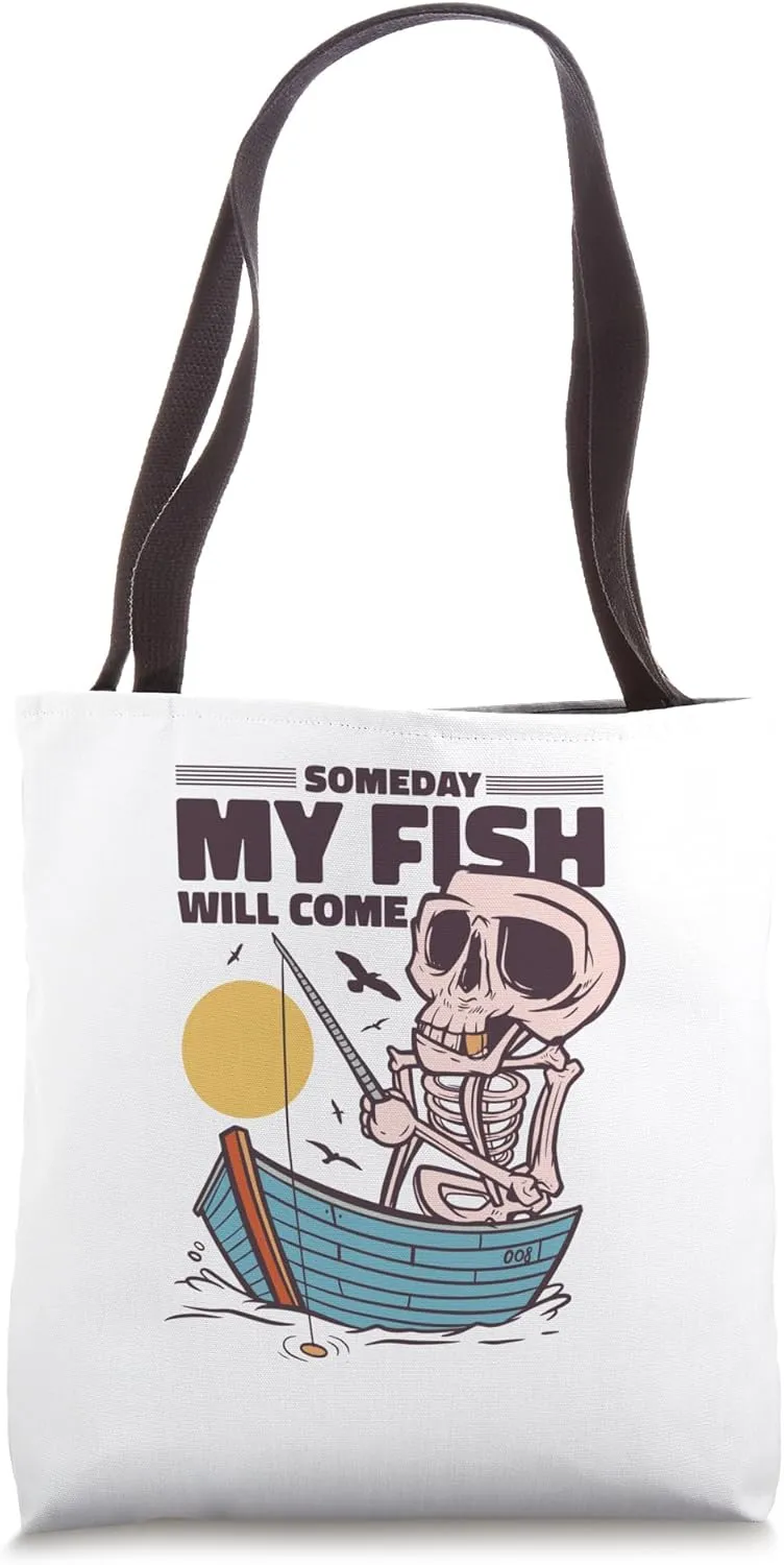 Funny Skeleton Fishing – Someday My Fish Will Come Retro Tote Bag