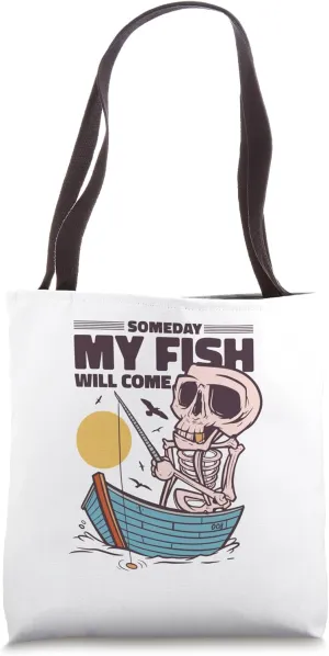 Funny Skeleton Fishing – Someday My Fish Will Come Retro Tote Bag
