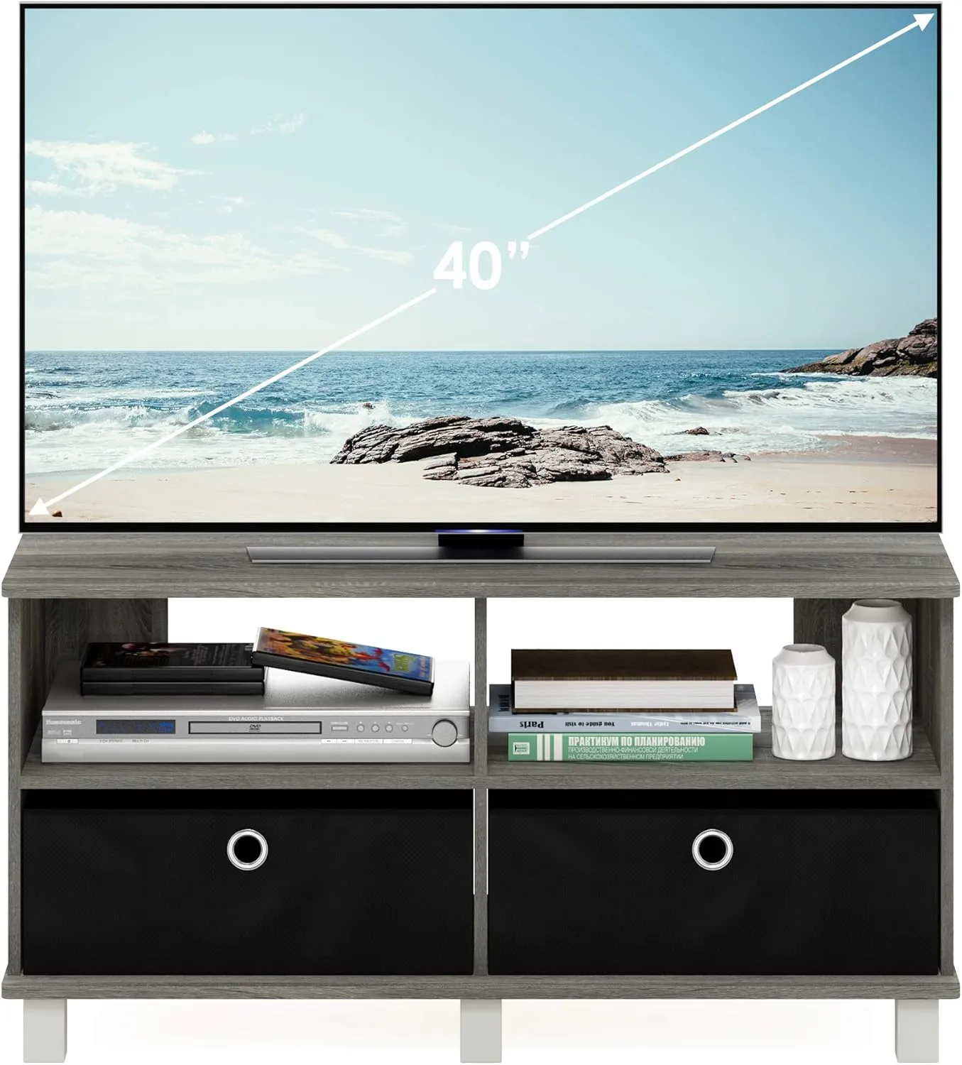 Furinno Andrey Entertainment Center with Bin Drawers, French Oak Grey/Black