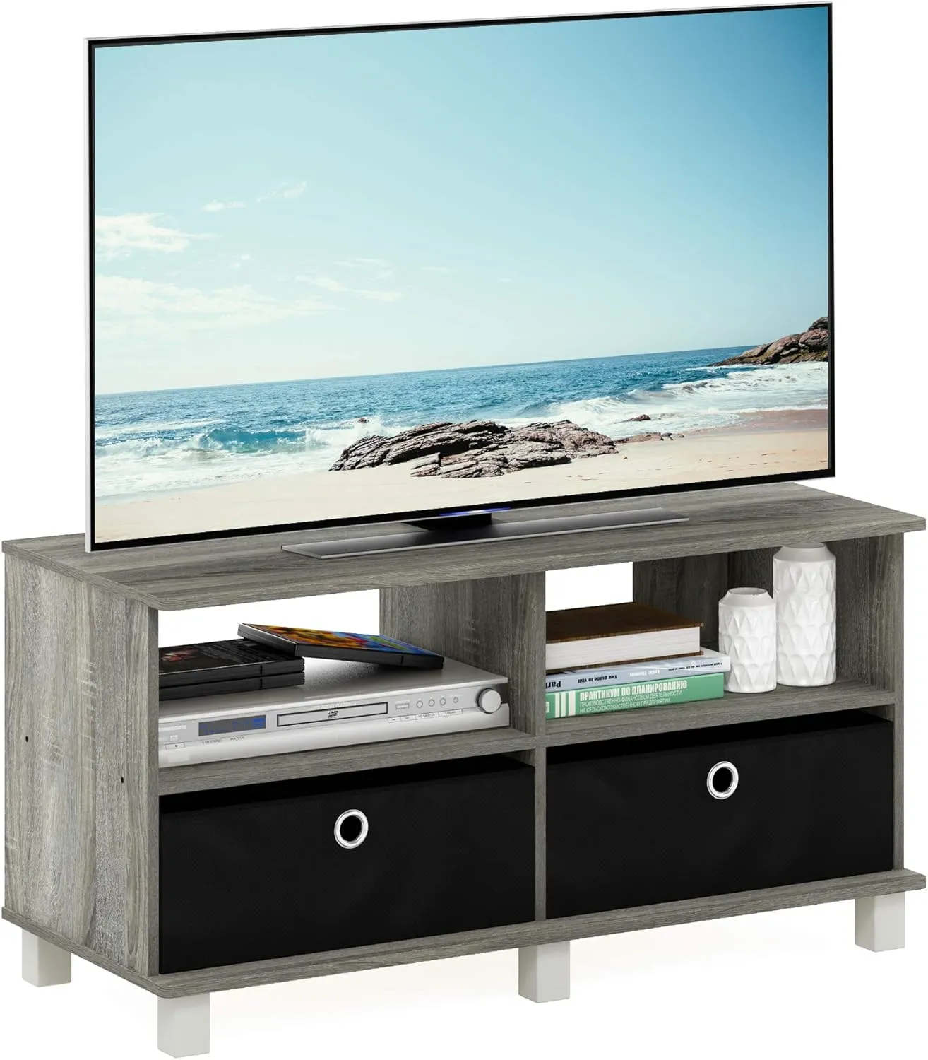 Furinno Andrey Entertainment Center with Bin Drawers, French Oak Grey/Black